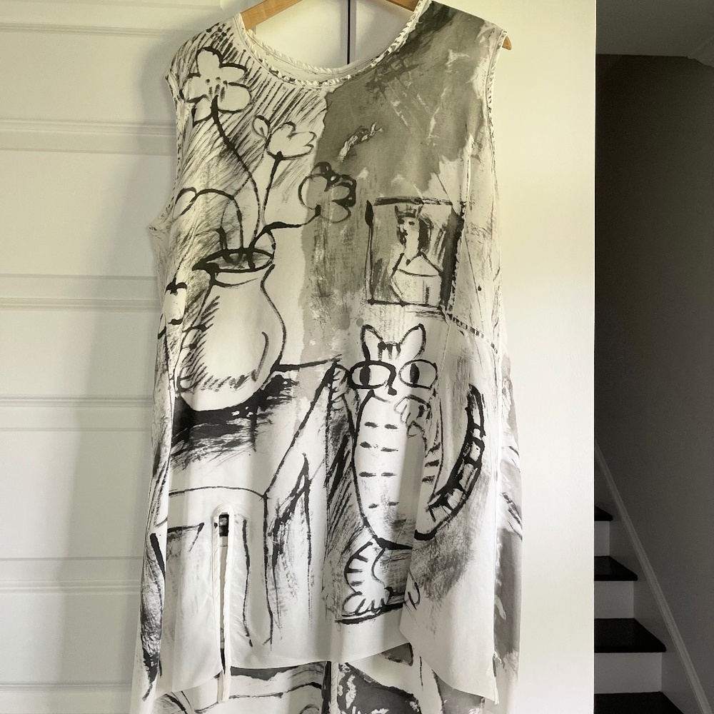 Skifo Handpainted Cat Hi-Lo Tunic Dress, Unique Feline Graphic  ~ OS